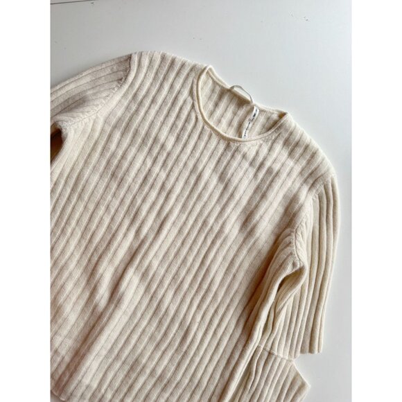 HELMUT LANG Re-Edition Ivory 100% Wool Ribbed Knit Cut-Out Elbow Sweater, Size M - Picture 6 of 15